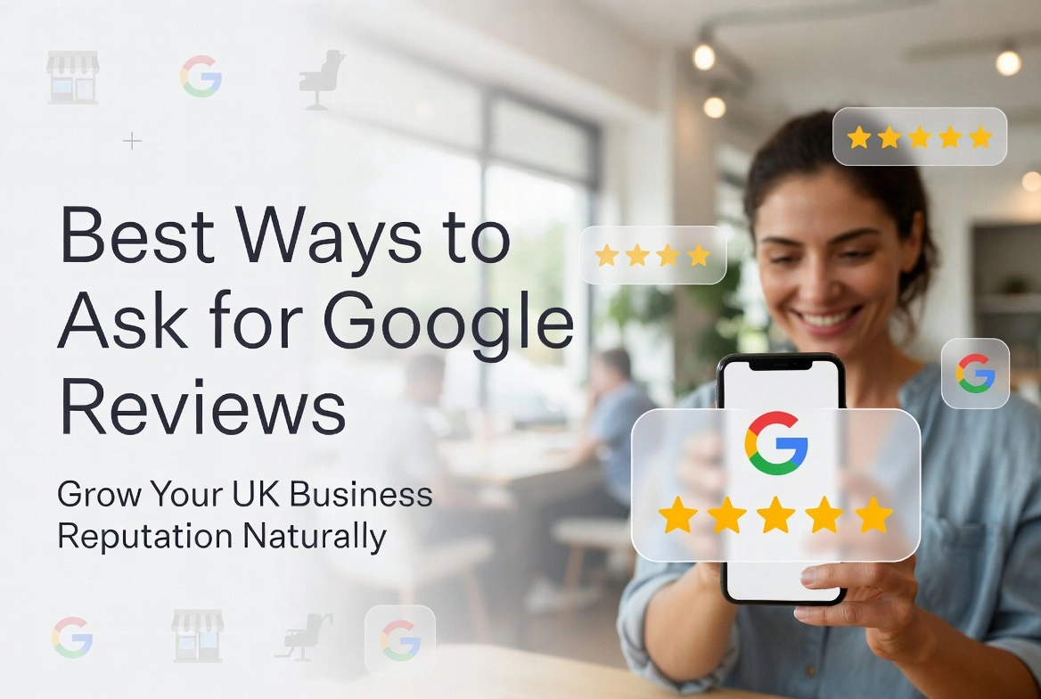 A promotional banner displaying how to ask for a Google review to grow UK business reputation naturally, featuring a woman holding a smartphone with five-star rating stickers.