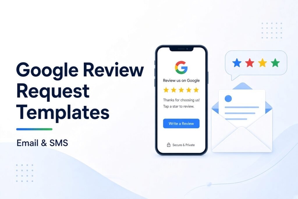 Featured image showing the headline “Google Review Request Templates” with “Email & SMS” subtitle on the left, and an illustration of a smartphone displaying a Google review screen, 5-star ratings, and an open email envelope on the right.