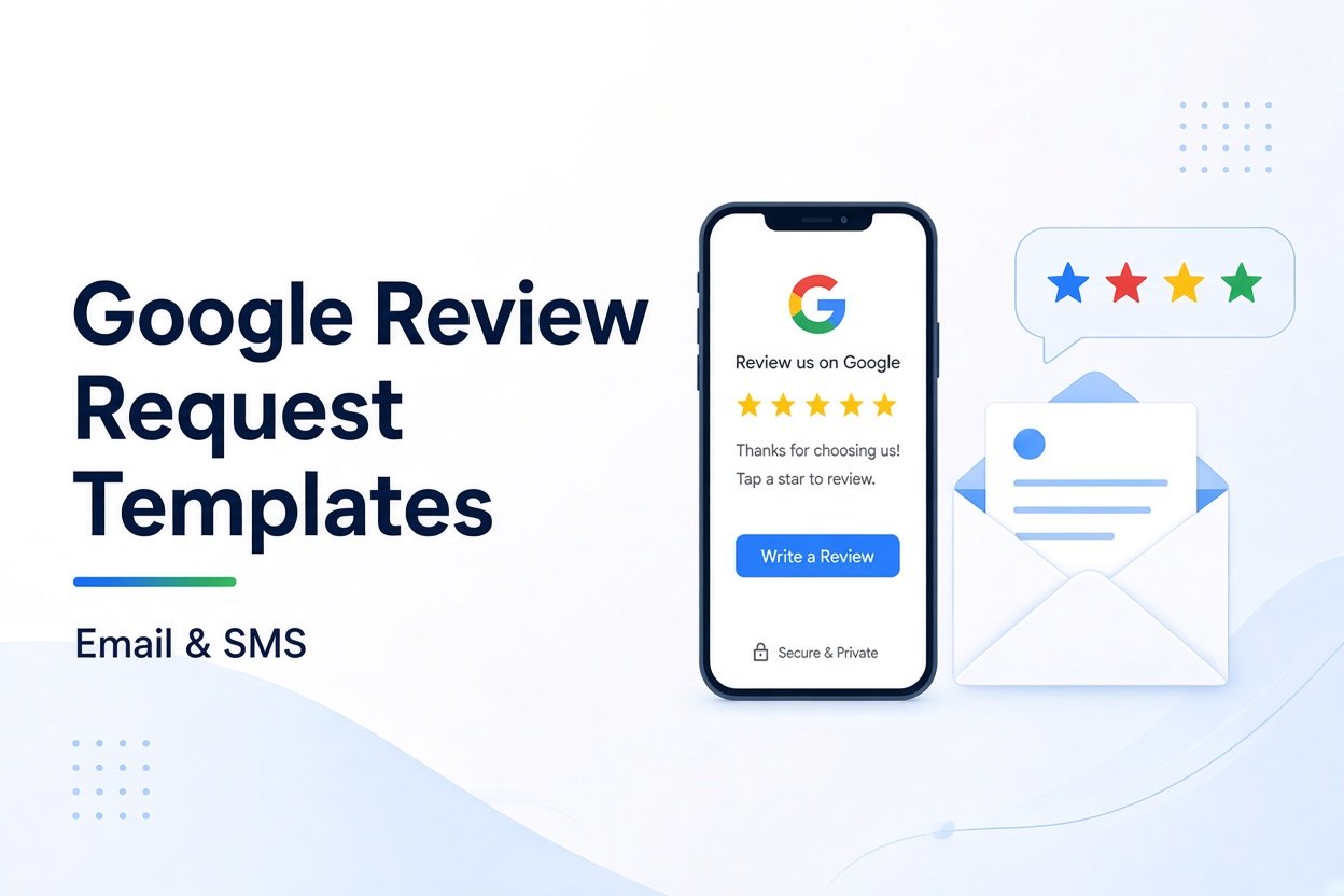 Featured image showing the headline “Google Review Request Templates” with “Email & SMS” subtitle on the left, and an illustration of a smartphone displaying a Google review screen, 5-star ratings, and an open email envelope on the right.